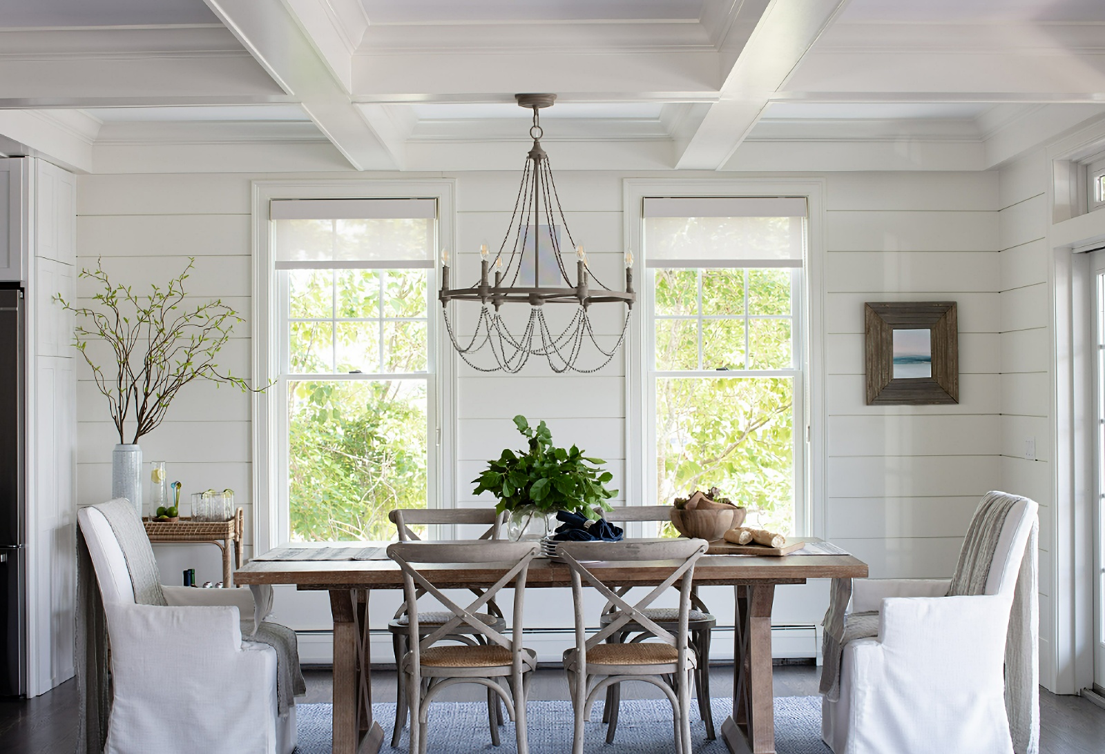 wood and white dining room in renovated beach house