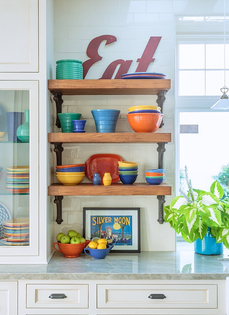 colorful Bauer pottery in a country kitchen