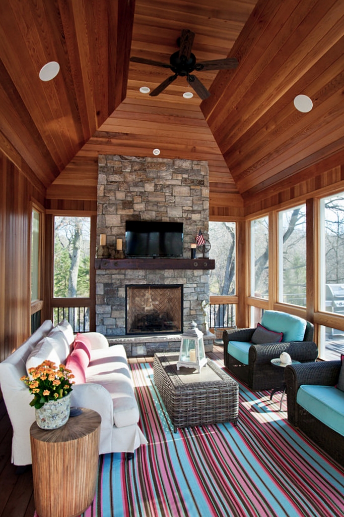 screened-in porch with fireplace and TV