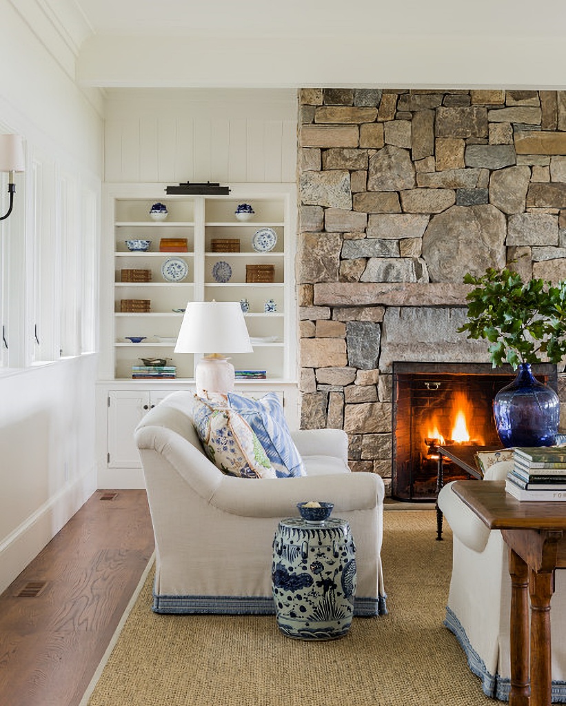 neutral living room with fireplace