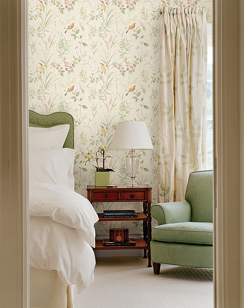 sage and cream bedroom with wallpaper