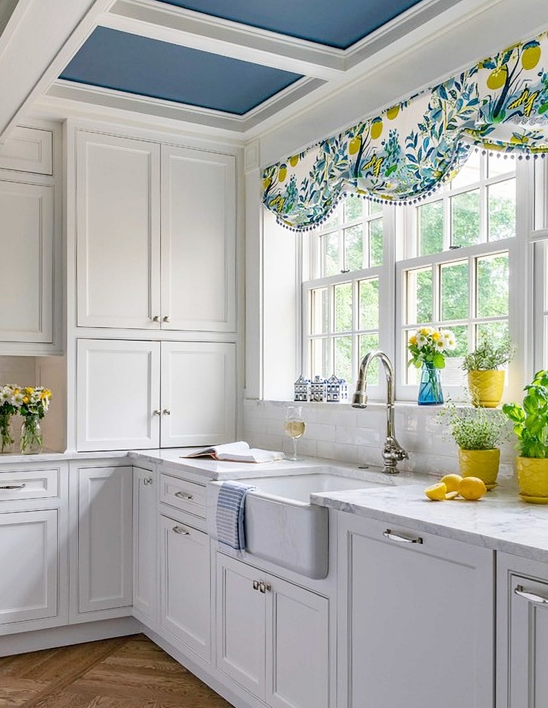 white kitchen with blue and lemon yellow