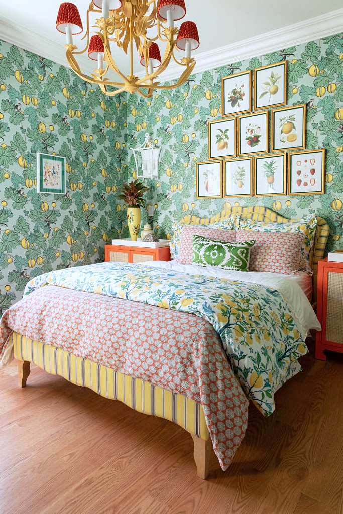 English style bedroom with citrus wallpaper