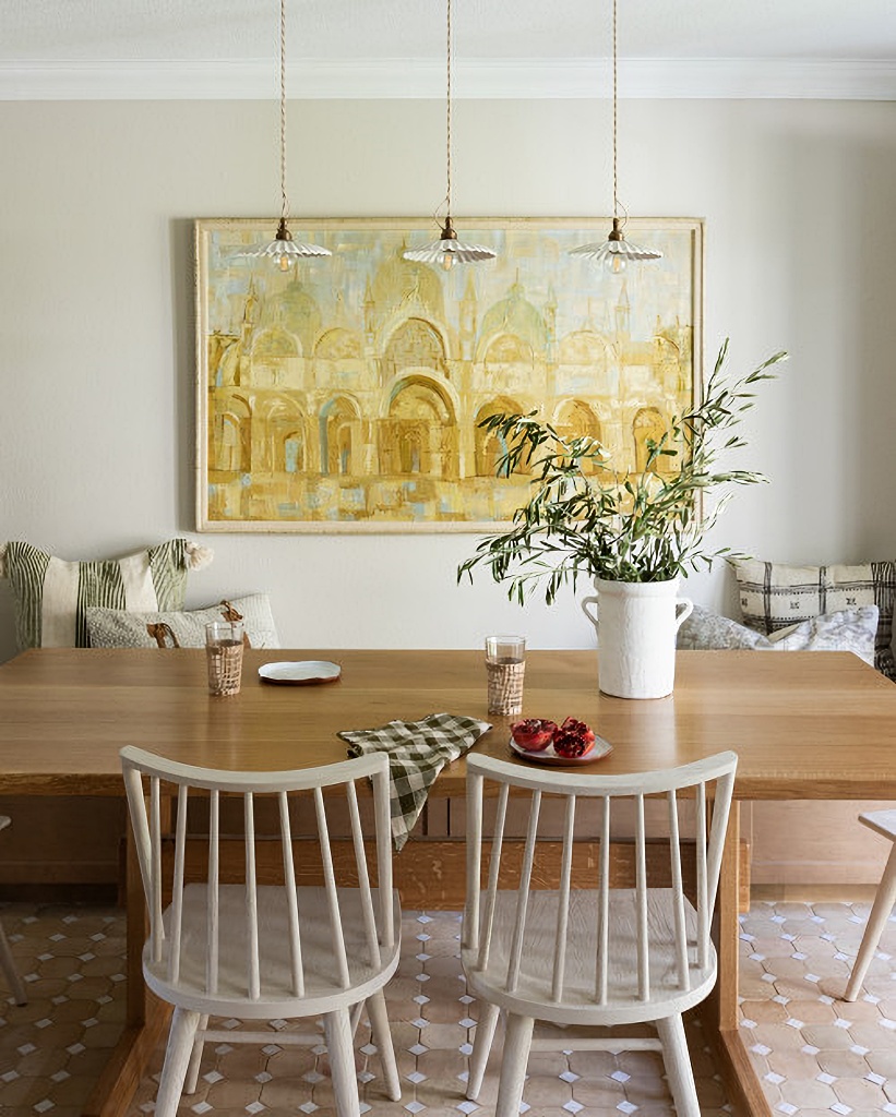 Vintage Nordic art above custom maple dining table