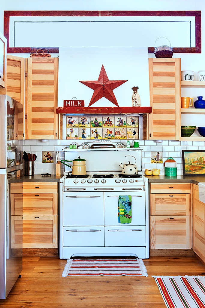 vintage kitchen with wood cabinets