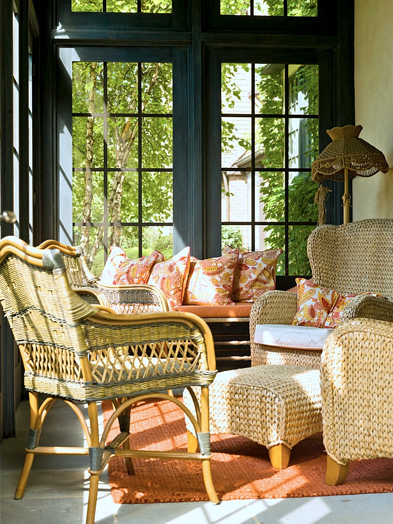 indoor porch with wicker furniture