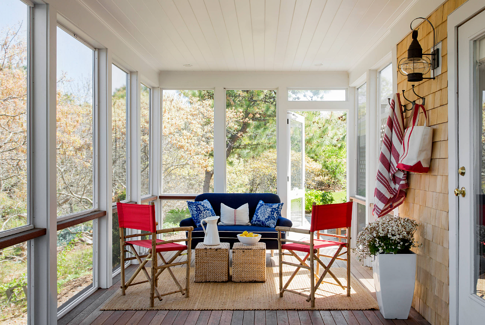 red, white, and blue screened porch