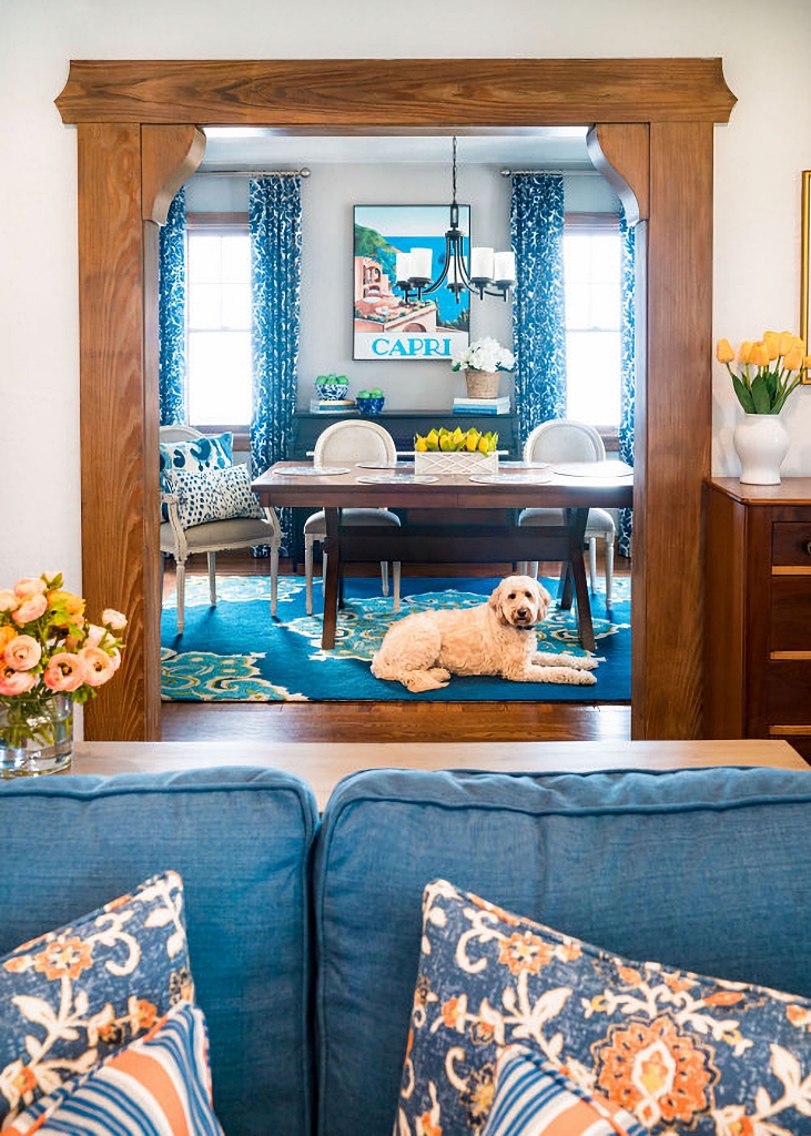 blue and orange living and dining room 