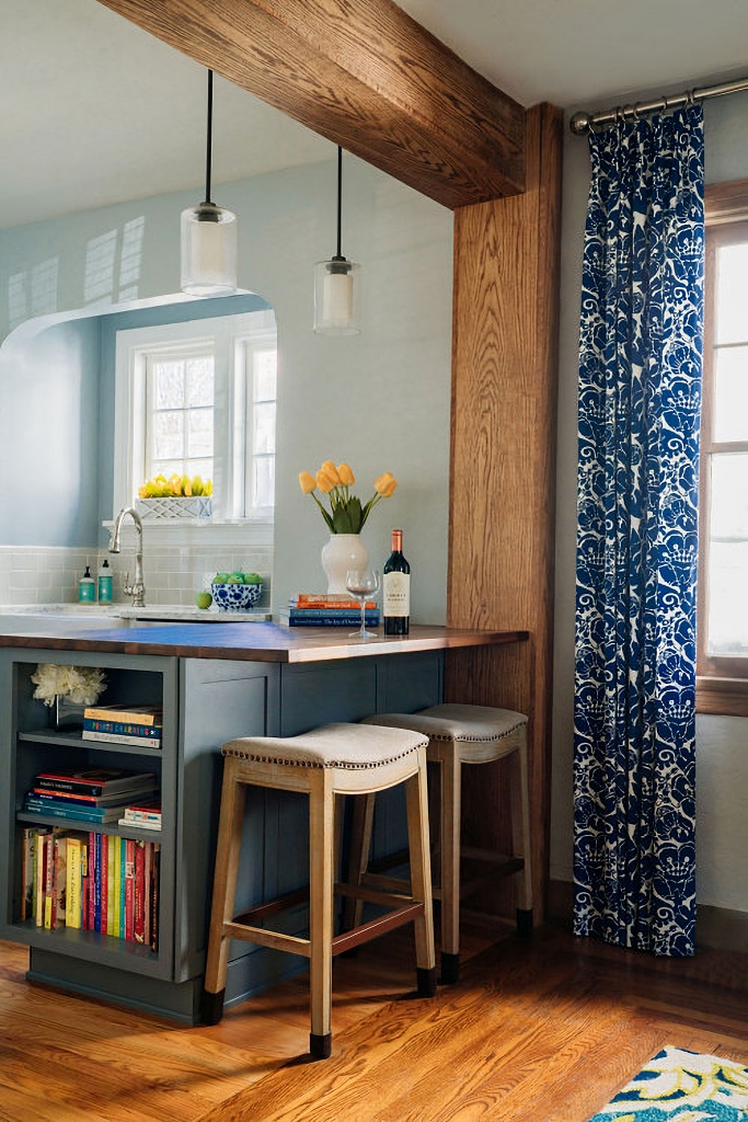 cozy blue and wood kitchen