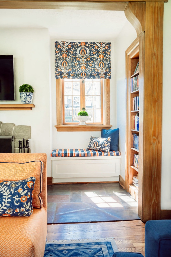 window nook in blue and orange