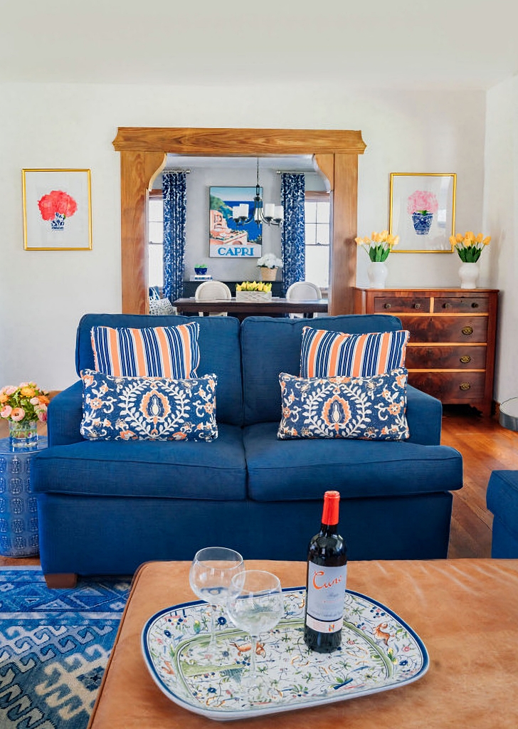 blue and orange living room in vibrant home