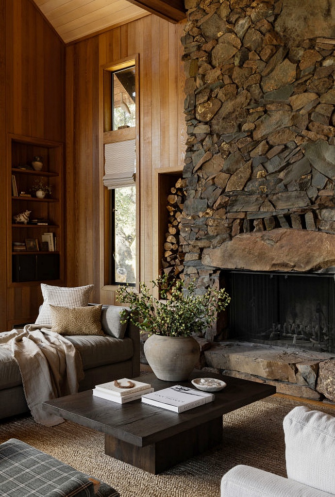 rustic stone fireplace in great room