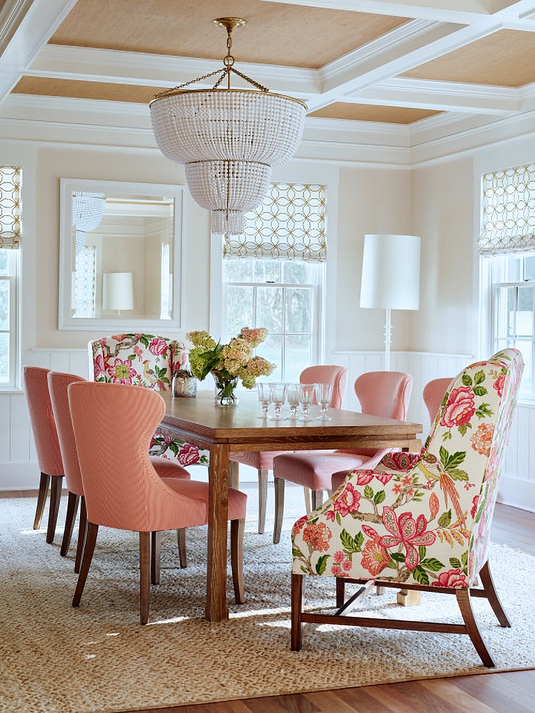 peach and pink transitional dining room