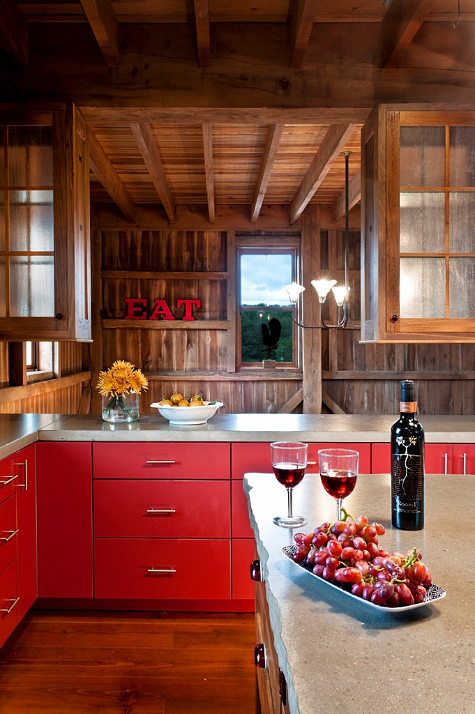 red and wood kitchen