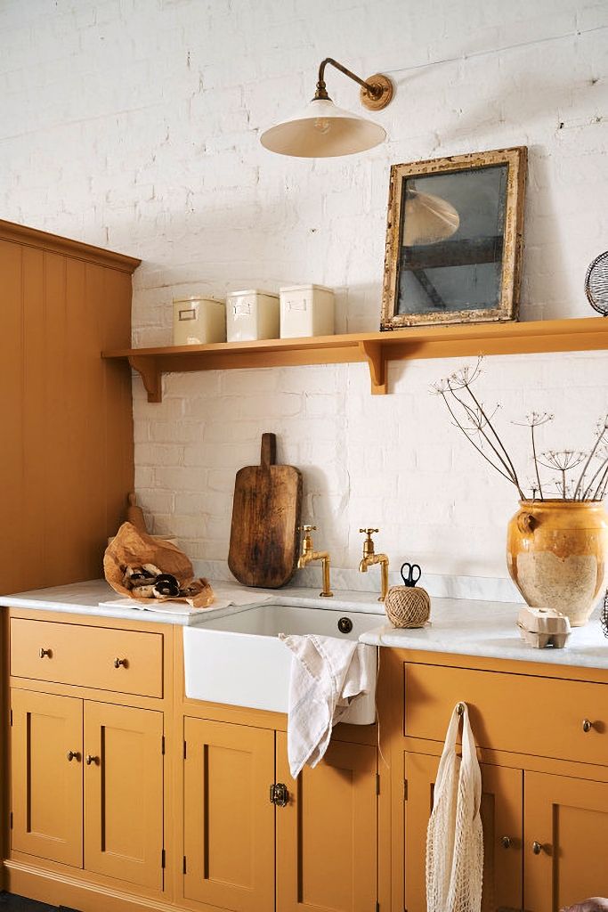 farmhouse kitchen in golden yellow