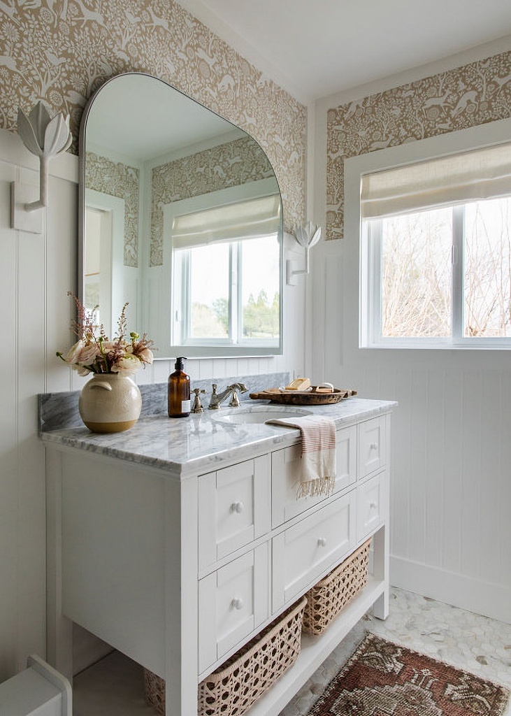 English country bathroom with wallpaper