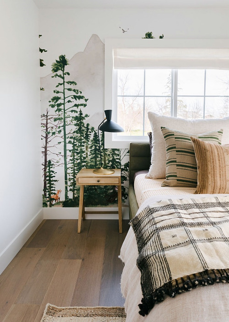 modern ranch bedroom with mural