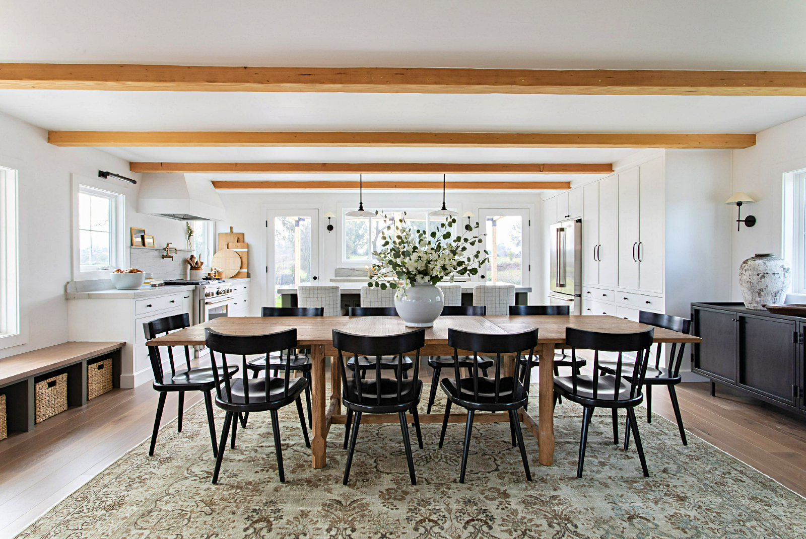 modern country dining room with captain's chairs