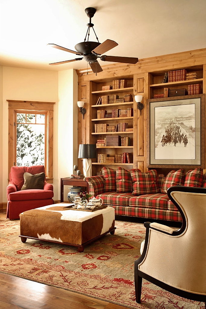 plaid couch in rustic family room