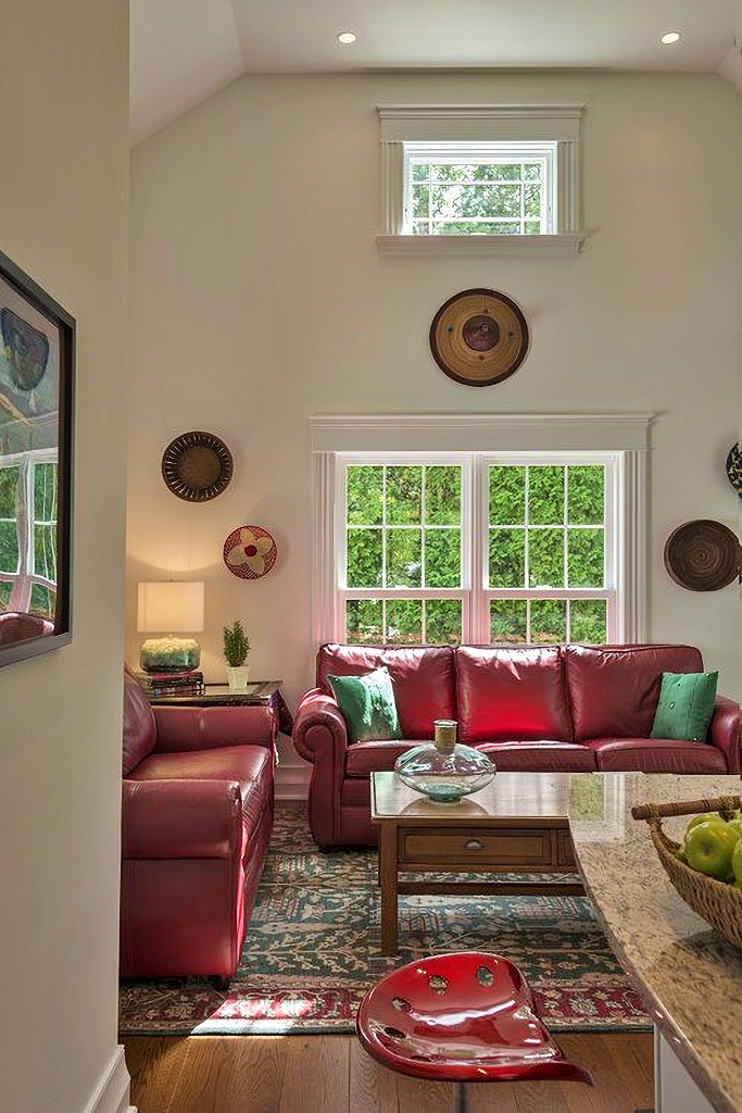 red leather couch in family room