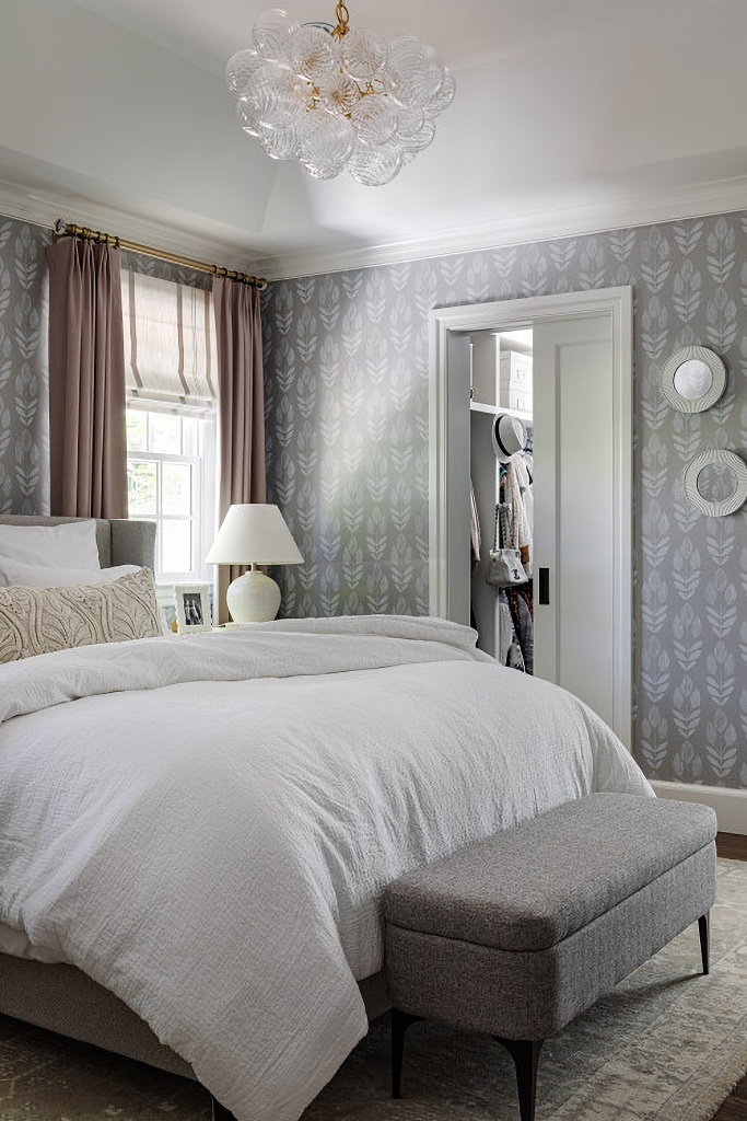 gray and white transitional master bedroom