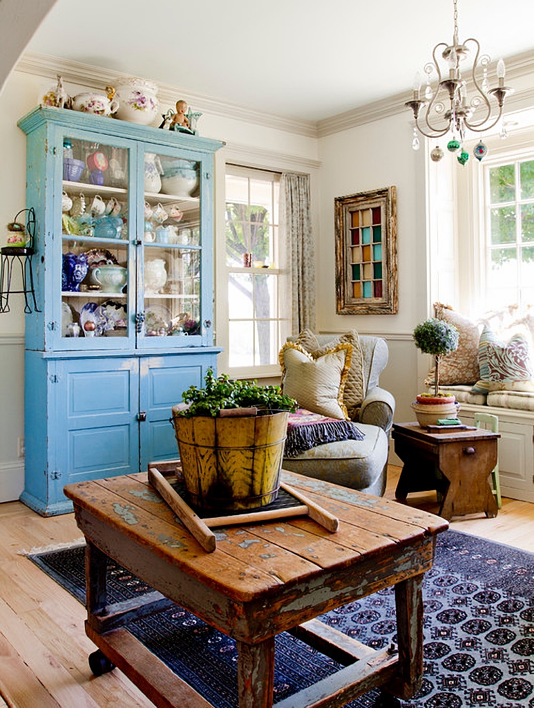 blue farmhouse hutch in family room