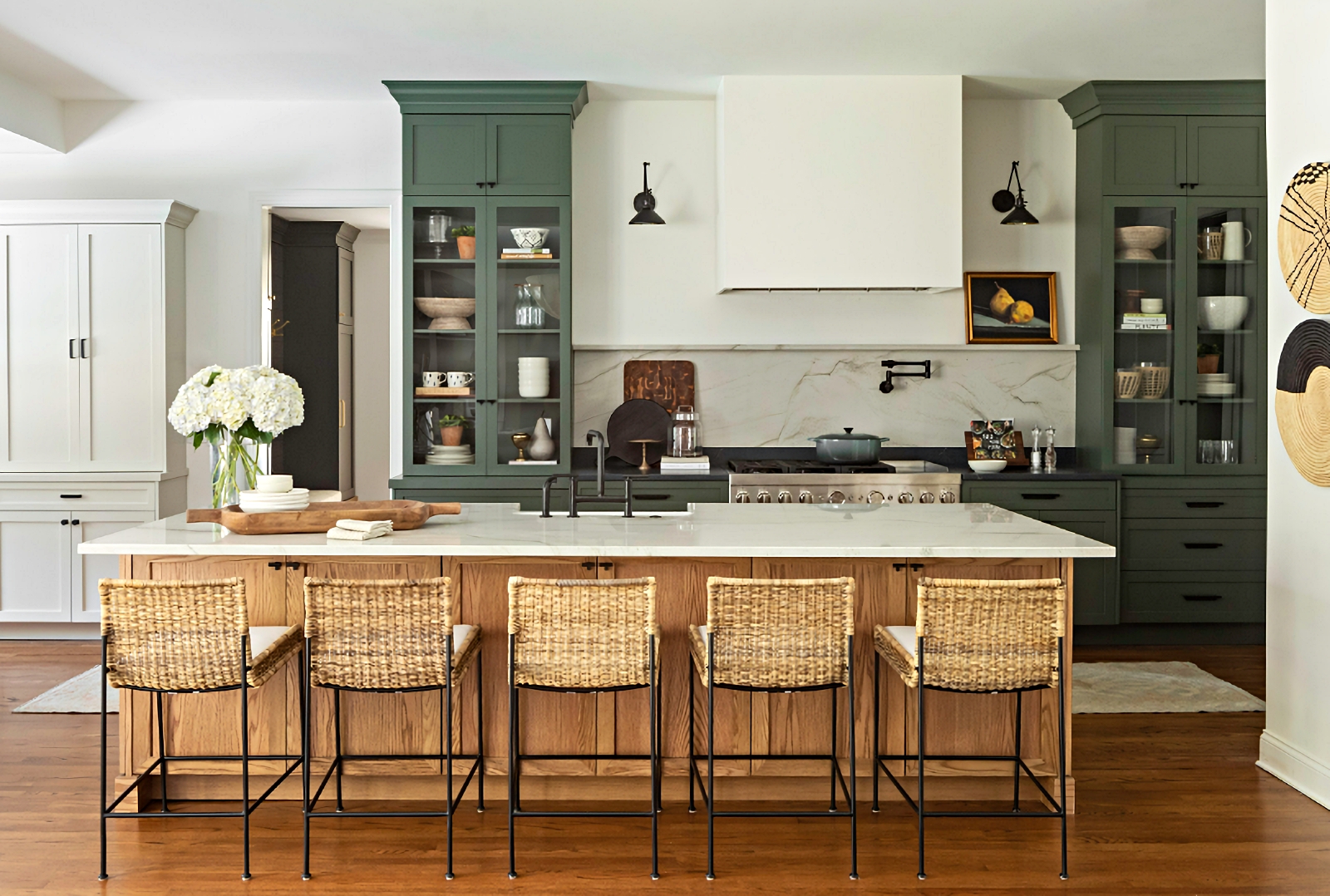 gray-green Shaker cabinets in country kitchen