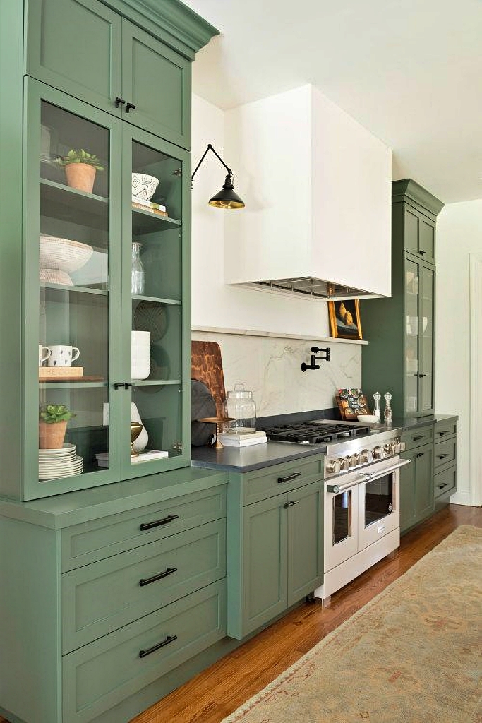 gray green shaker cabinets in kitchen