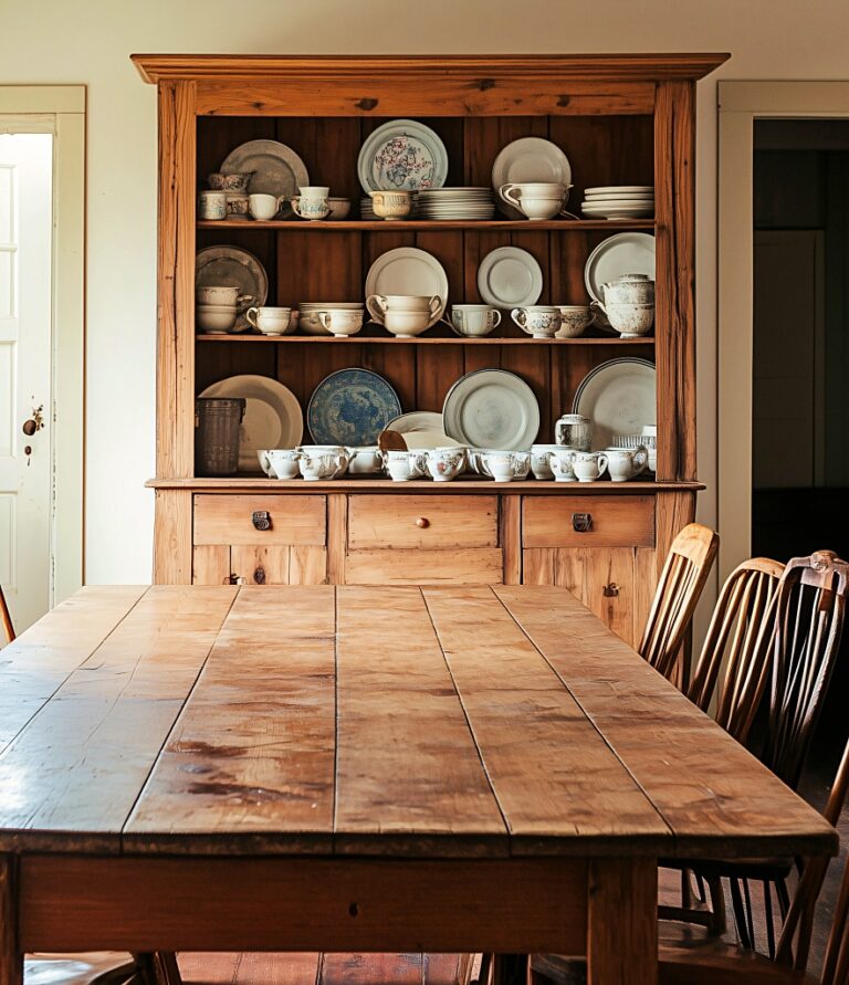 Traditional farmhouse dining room featuring vintage hutch