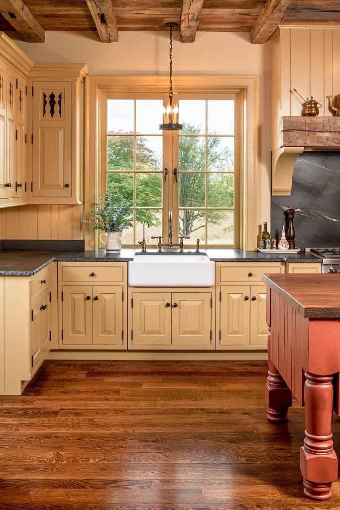 historic looking mustard yellow kitchen