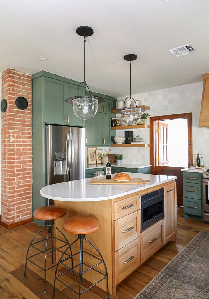 green and wood traditional kitchen