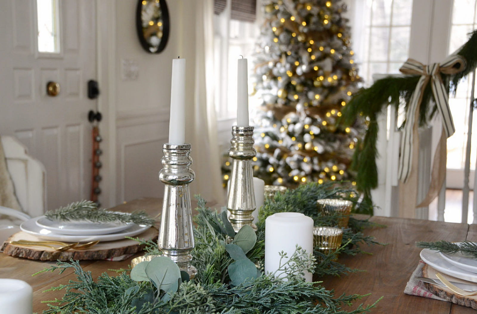 Holiday table setting in a vintage farmhouse