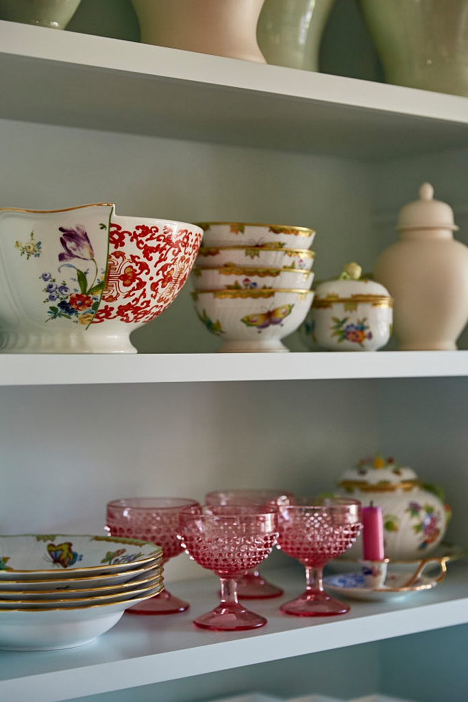 Beautiful English china in a dining room hutch