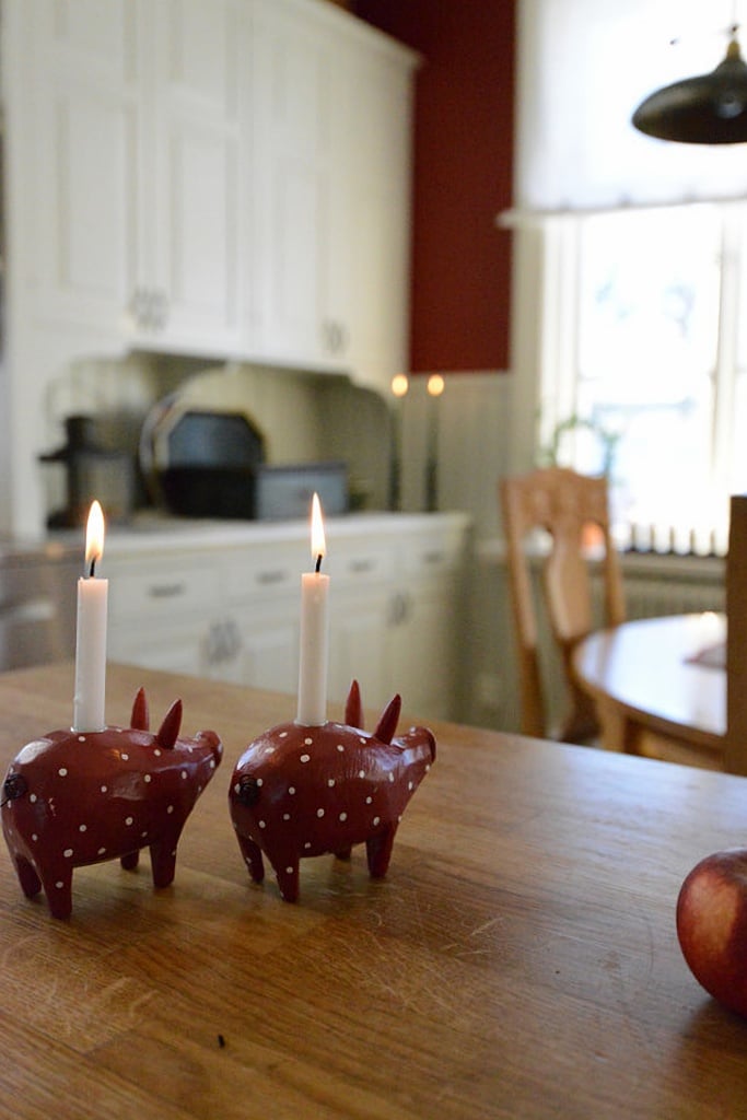 polka dot pig candle holders in kitchen