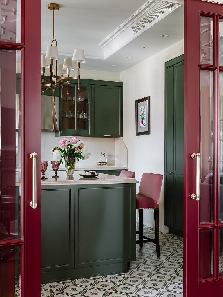 burgundy and green kitchen