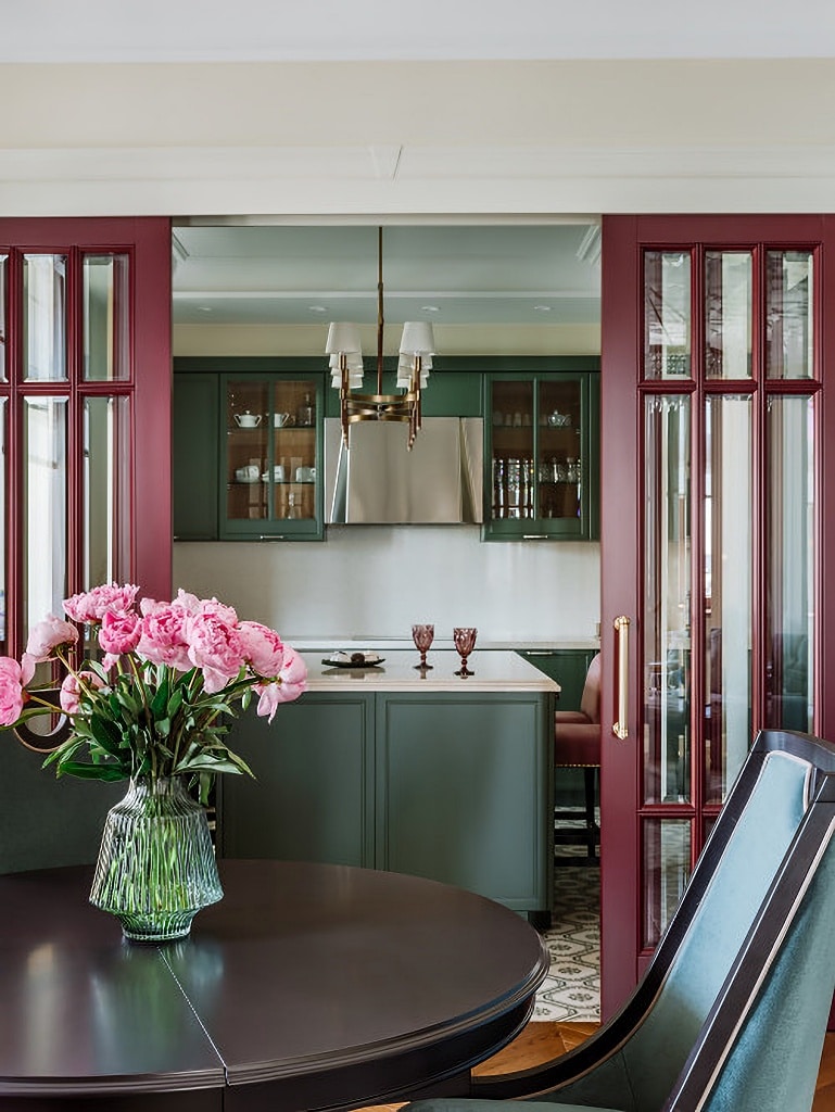 burgundy and green kitchen