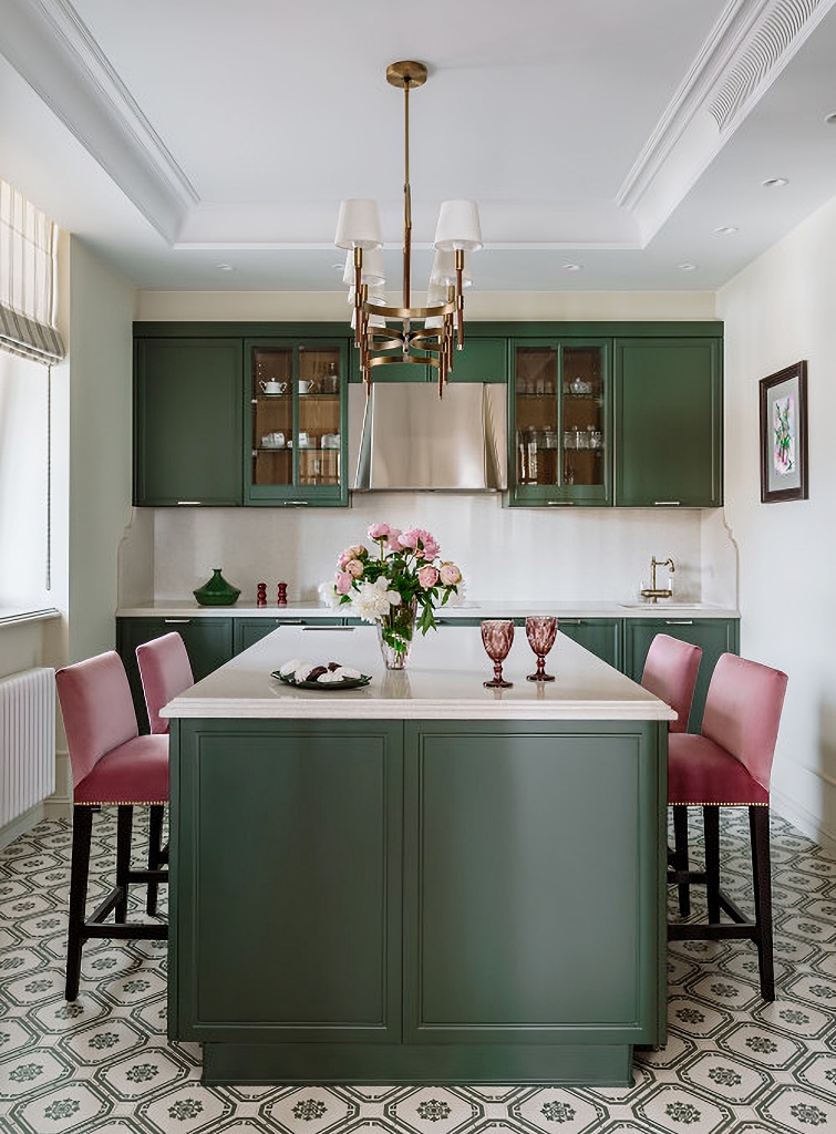 elegant green and burgundy Moscow kitchen