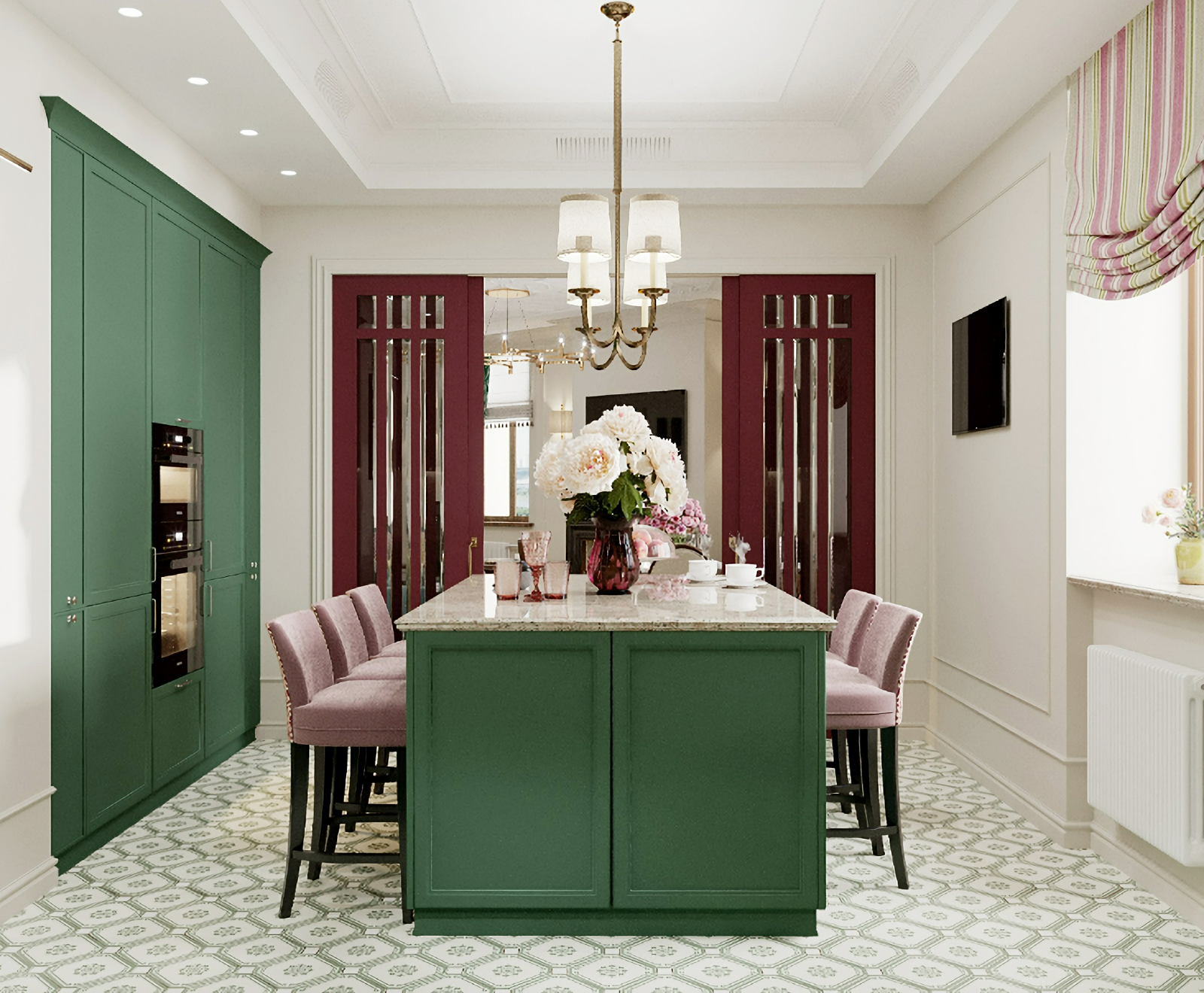 green and burgundy kitchen