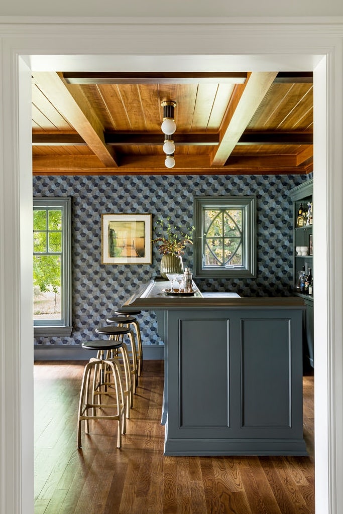 blue and gray wallpaper in kitchen