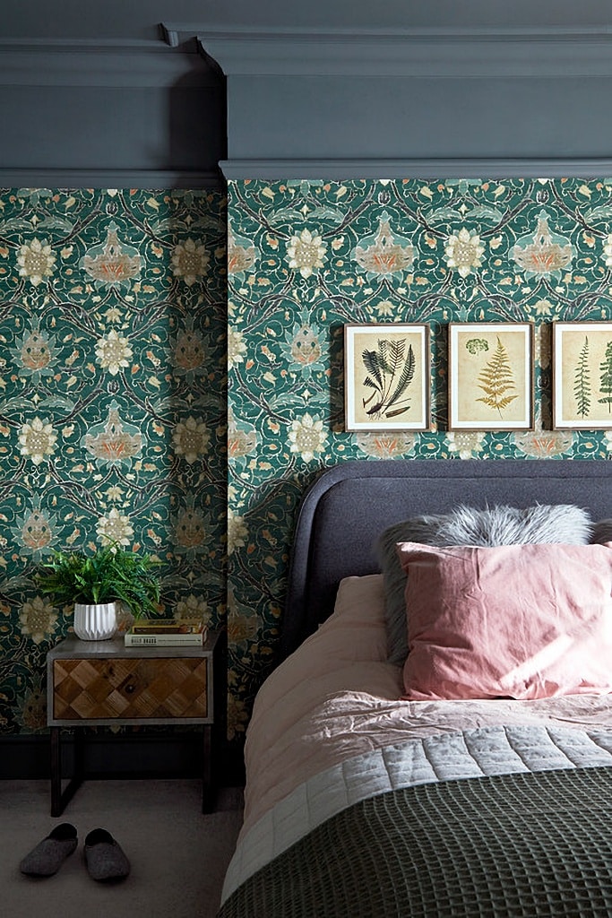 William Morris paper in bedroom