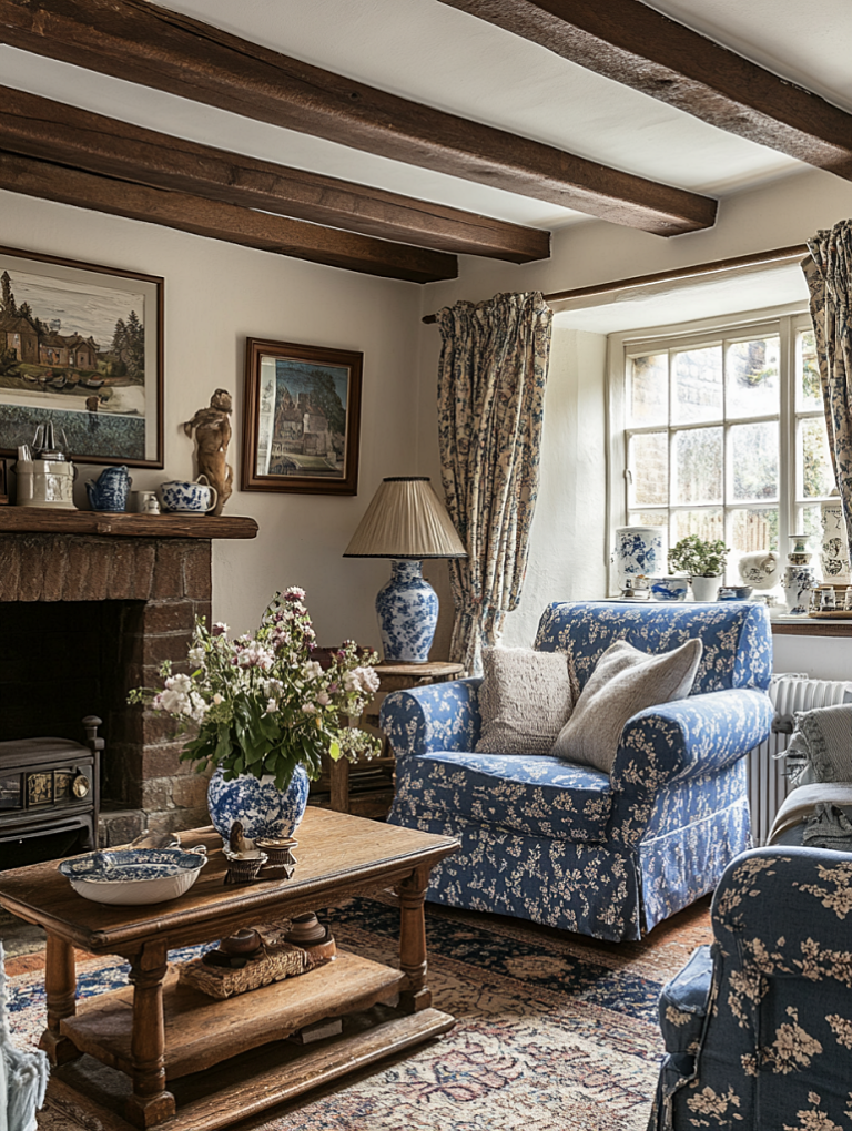 blue and brown English living room