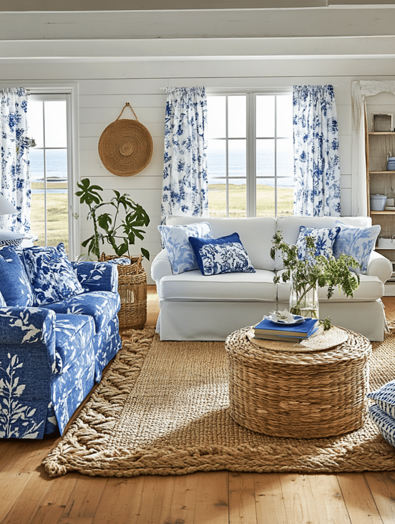 blue and white cottage living room