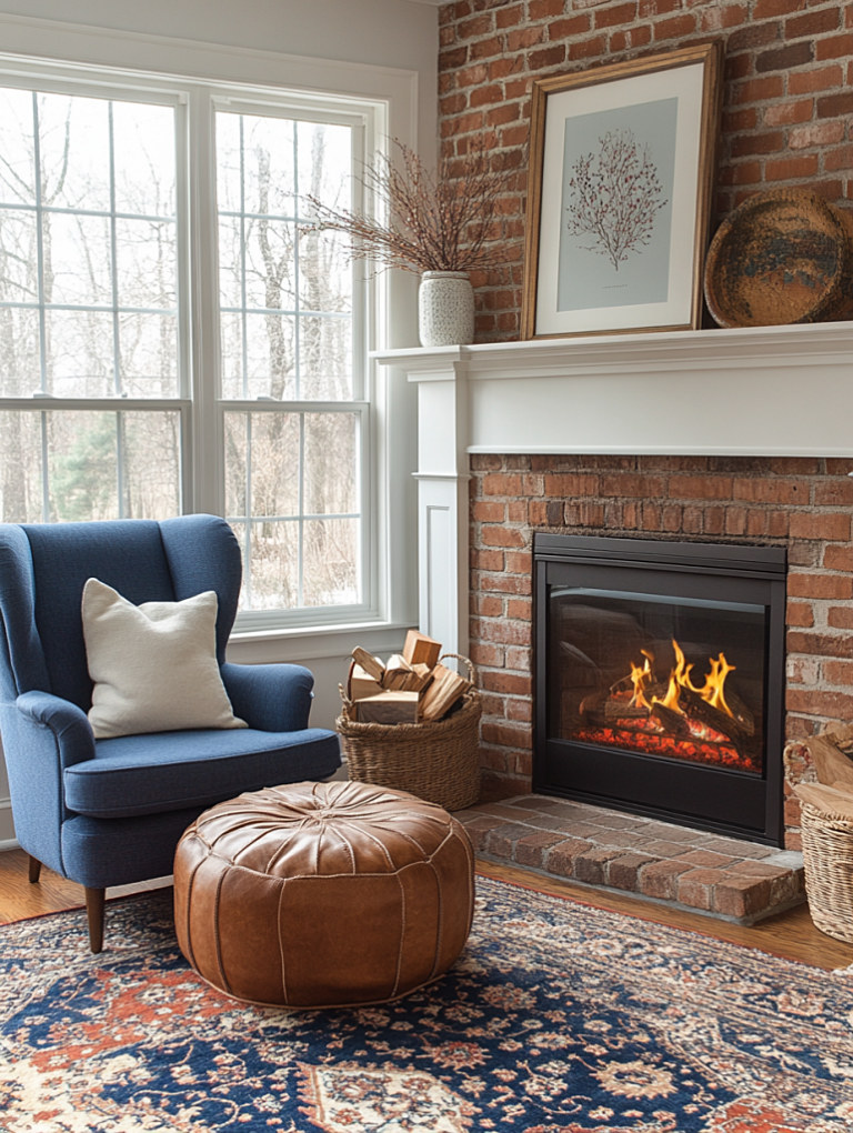 white mantel surround on red brick fireplaces