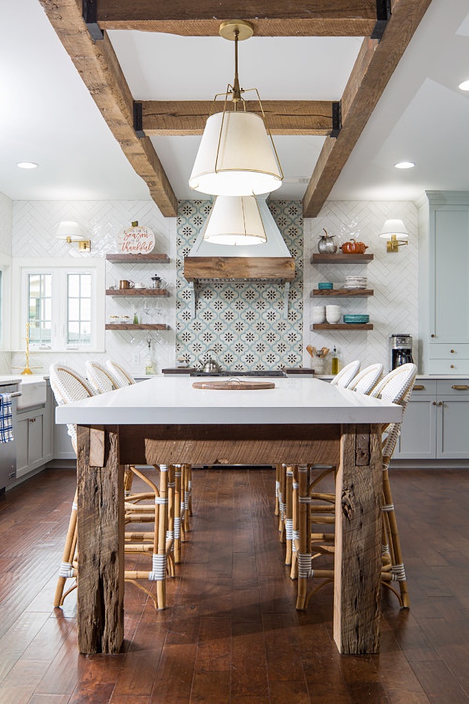 custom kitchen with bold tile and wood accents