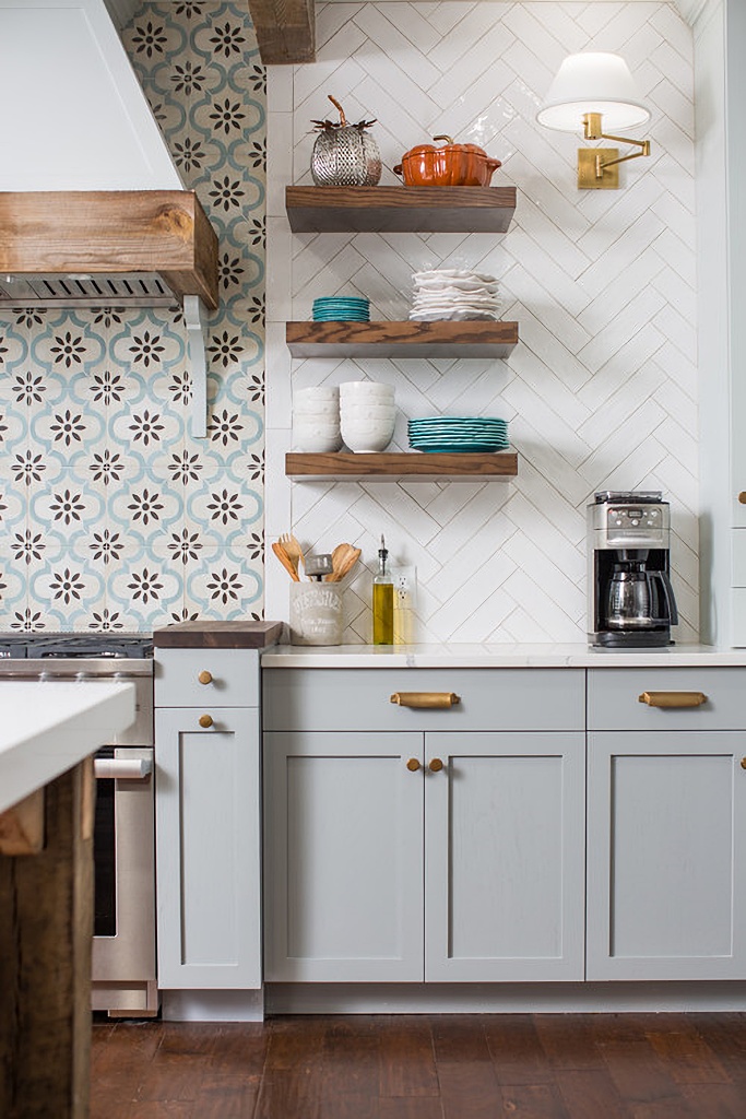 floating wood shelves in kitchen