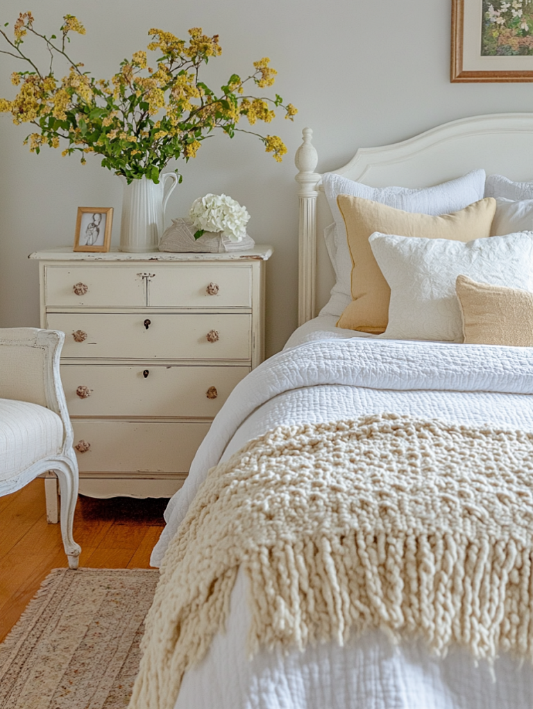 cream and yellow cottagecore bedroom