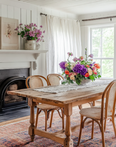 farmhouse dining room with spring flowers