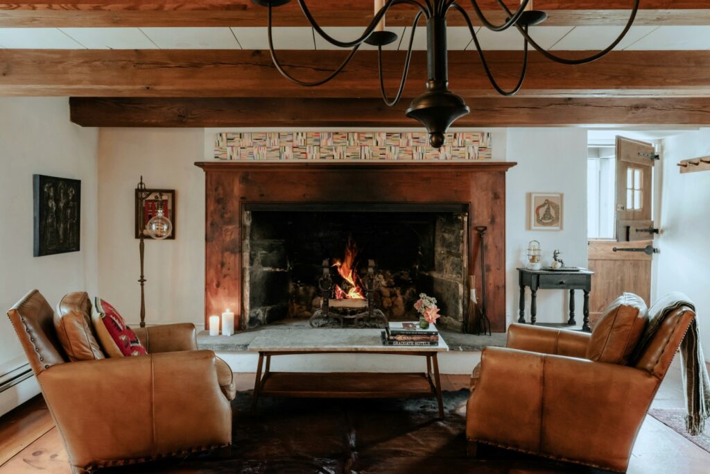 wood mantel fireplace in large living room