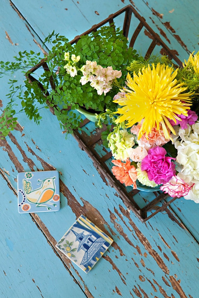 colorful flowers on flea market table