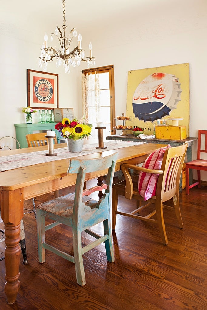 colorful dining room with flea market finds